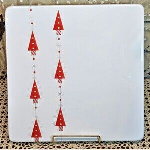 Ceramic Red & White Christmas Tree Trivet Serving Platter Square 10.5"